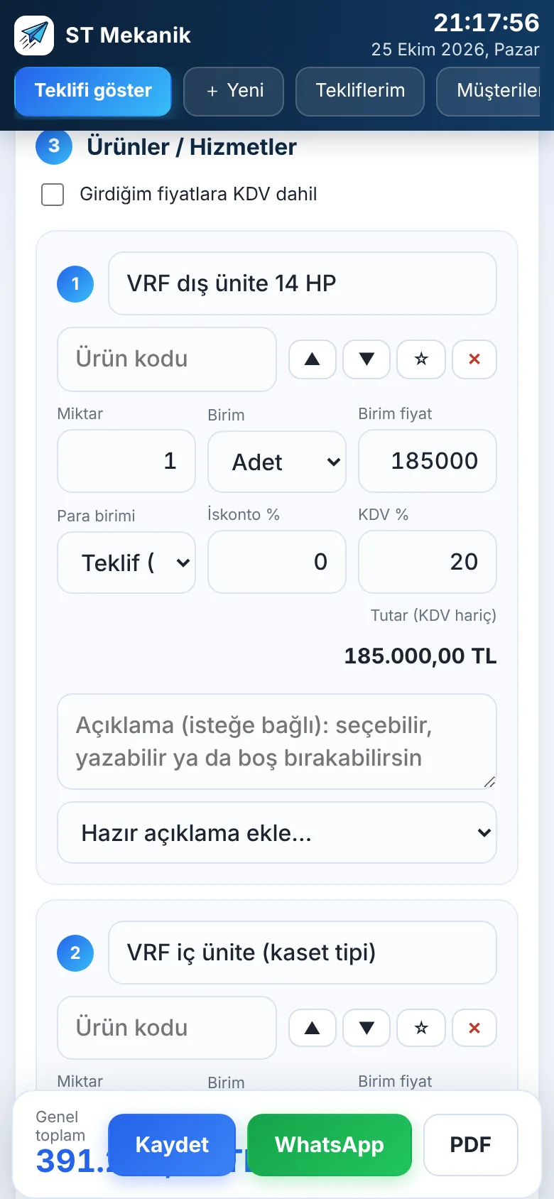 Telefondan teklif hazırlama ekranı: ürün ve hizmet kalemleri