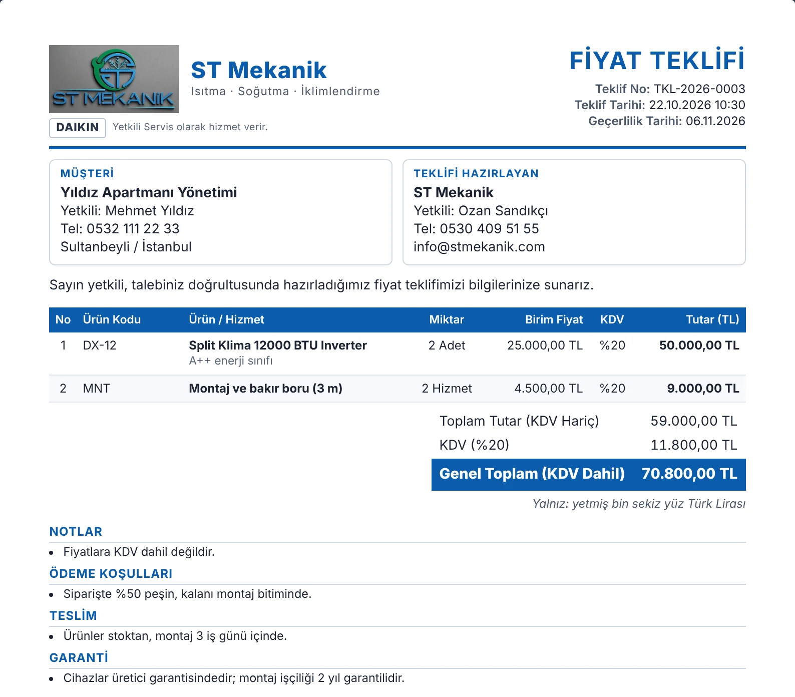 Senin Teklifin ile hazırlanmış örnek fiyat teklifi PDF'i: logo, müşteri bilgisi, kalemler, KDV ve genel toplam